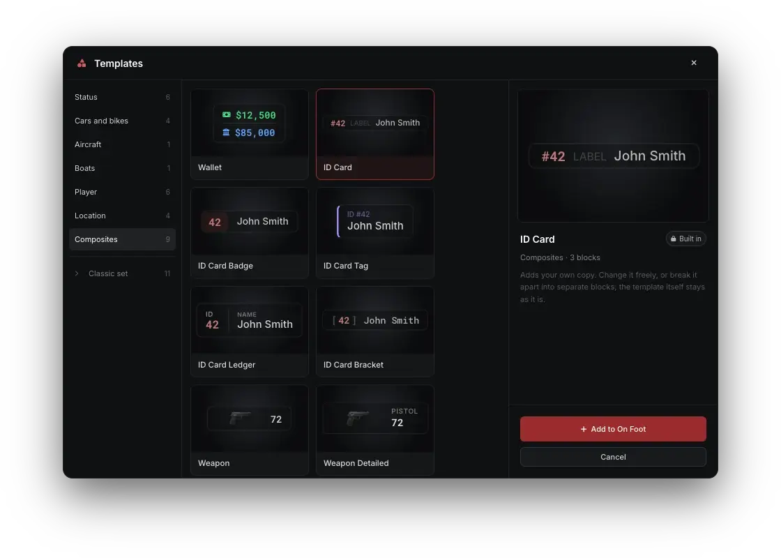 The template gallery on Composites: wallet, ID cards and weapon panels, with ID Card picked