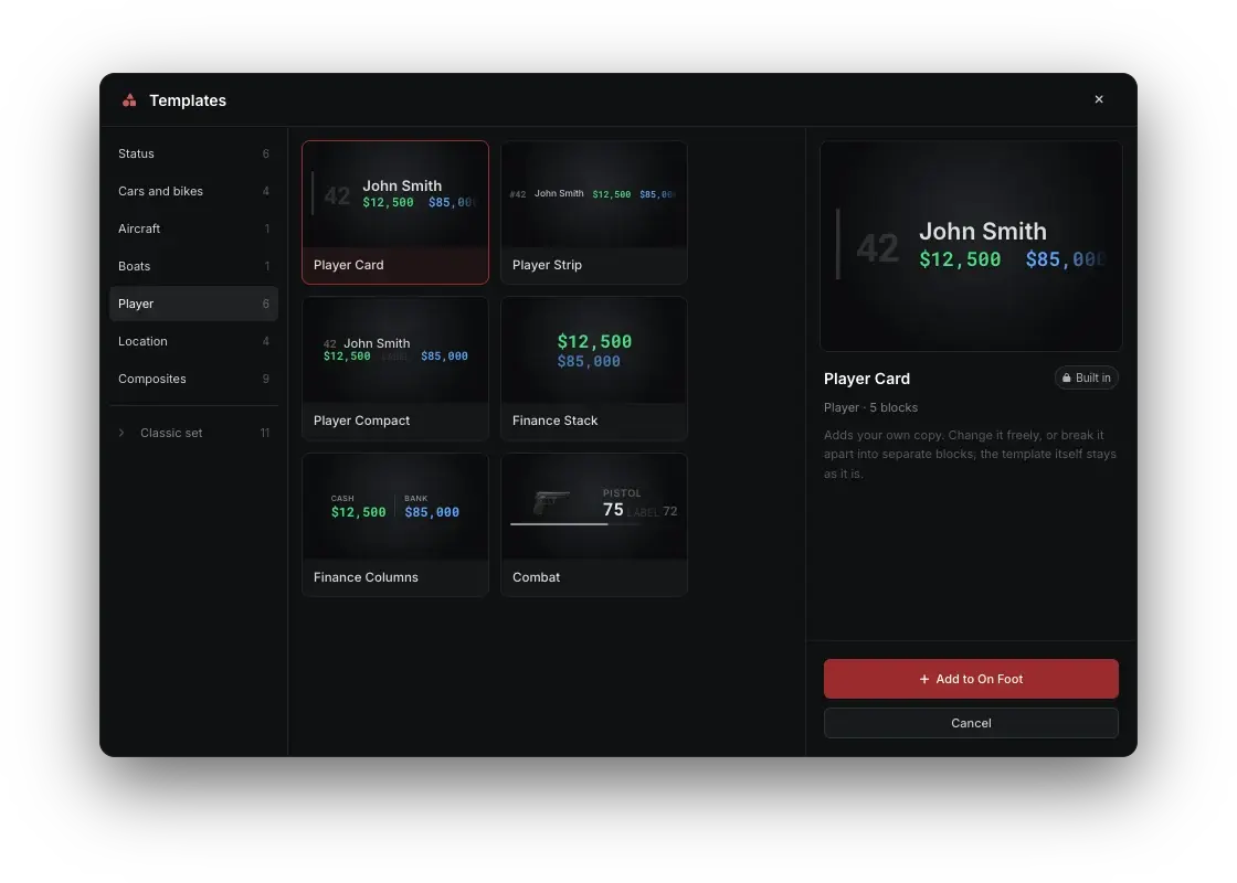The template gallery on Player: Player Card, Player Strip, Player Compact, Finance Stack, Finance Columns and Combat, with Player Card picked