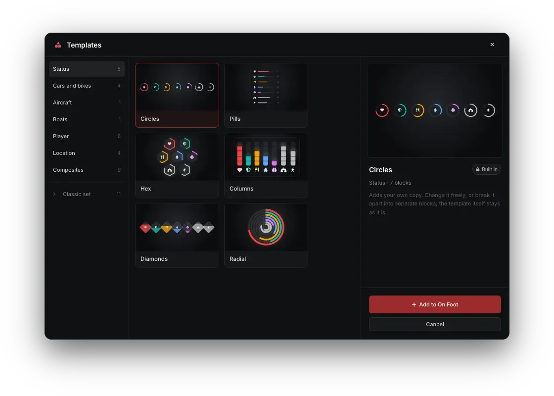 The template gallery on Status: Circles, Pills, Hex, Columns, Diamonds and Radial, with Circles picked