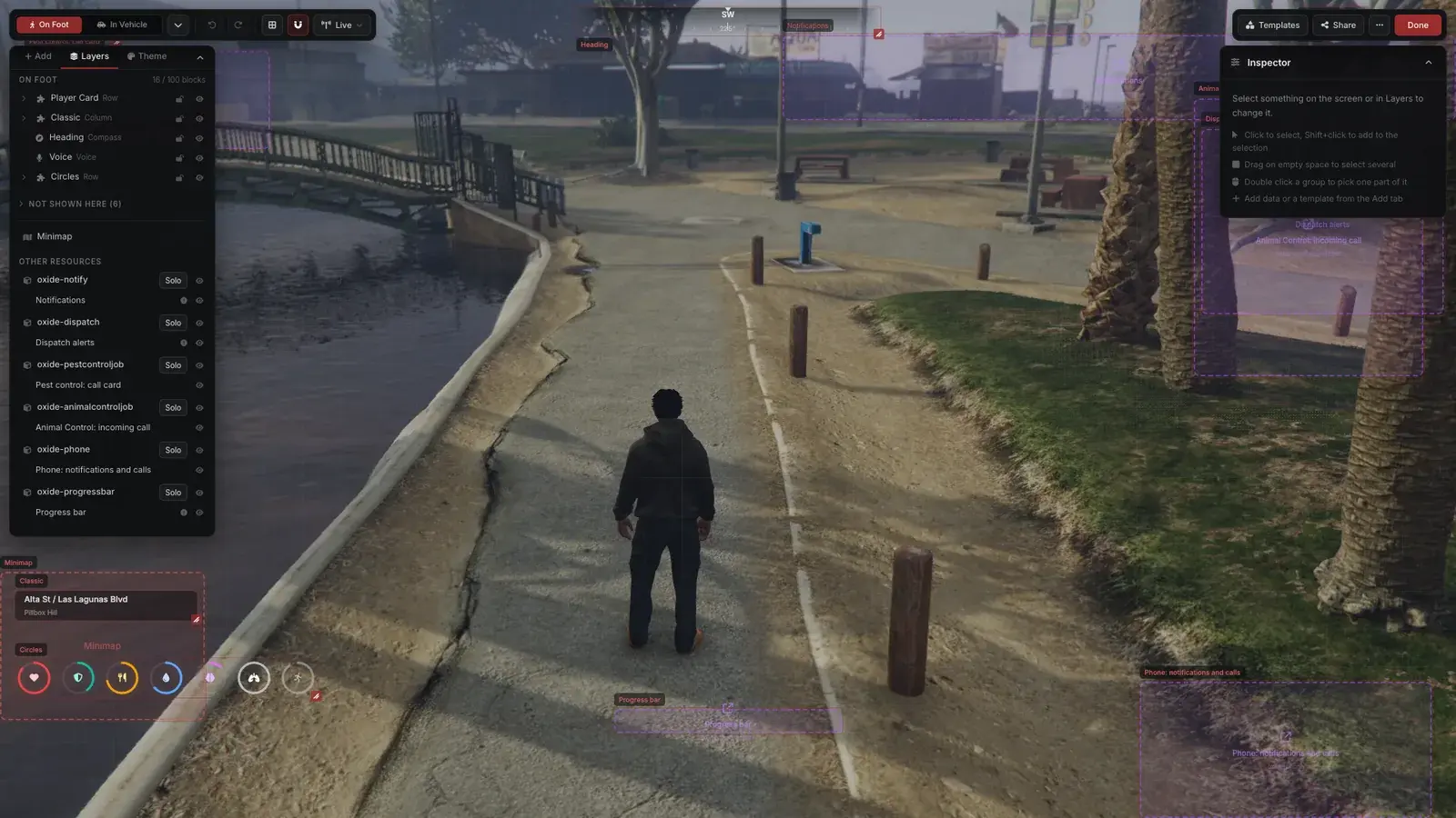 The editor on foot with other Oxide resources' panels as dashed placeholders around the HUD: notifications, dispatch alerts, a pest control call card, an animal control call, phone notifications and a progress bar, listed under Other resources in the layers list