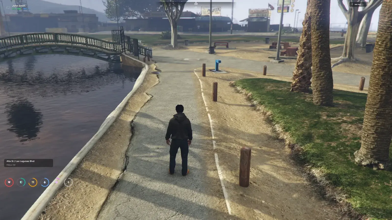 The same Oxide HUD layout on foot at 1920 × 1080: player card top left, heading top centre, voice top right, location and status rings bottom left