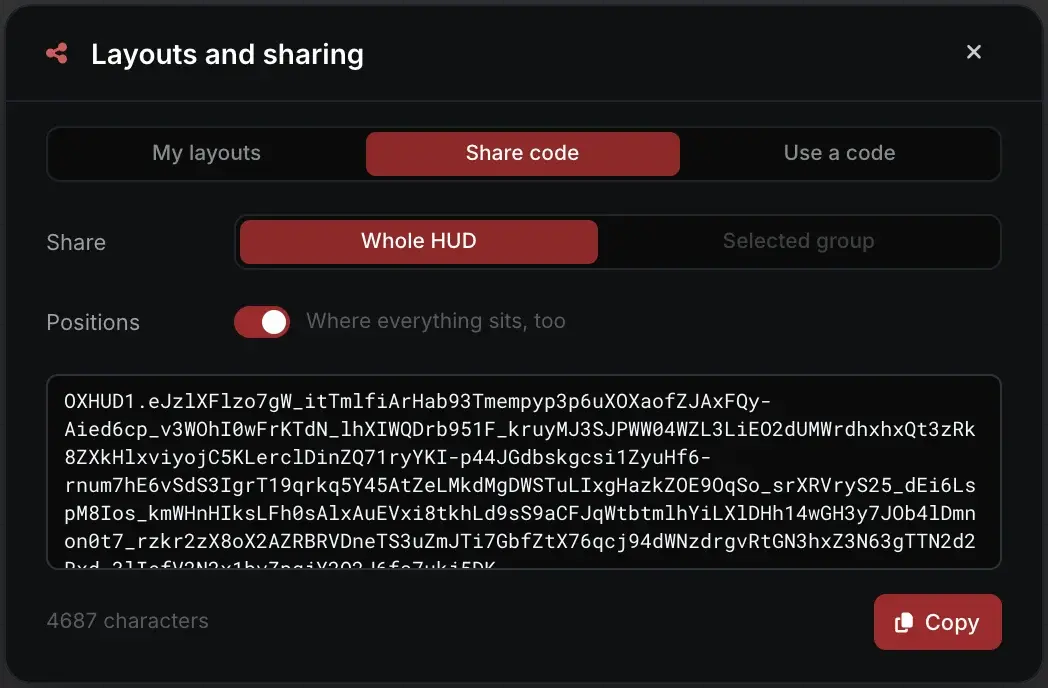 The Layouts and sharing dialog on the Share code tab: Whole HUD with positions, a long OXHUD1 code and a Copy button