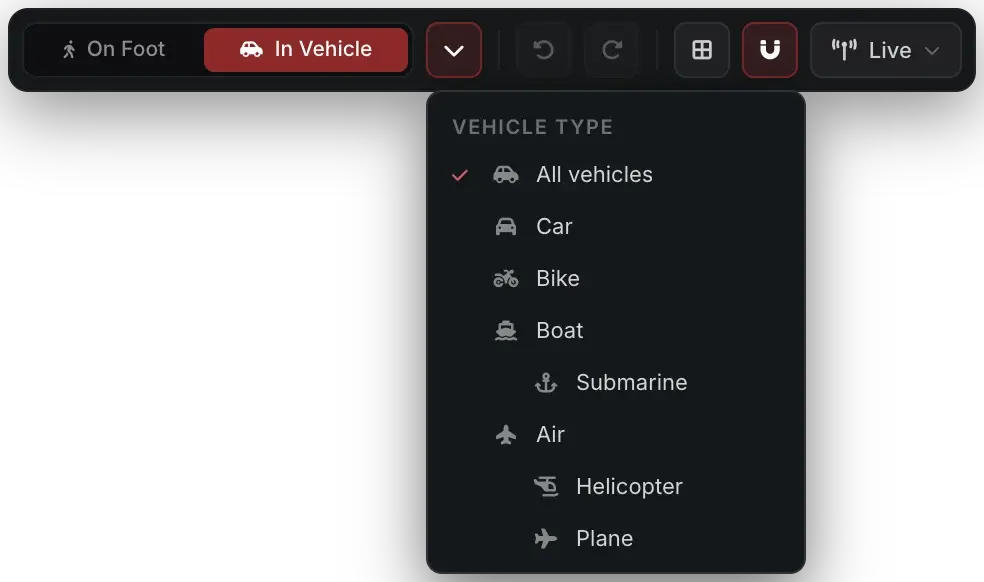 The editor's toolbar with the vehicle type menu open: All vehicles, Car, Bike, Boat, Submarine, Air, Helicopter and Plane