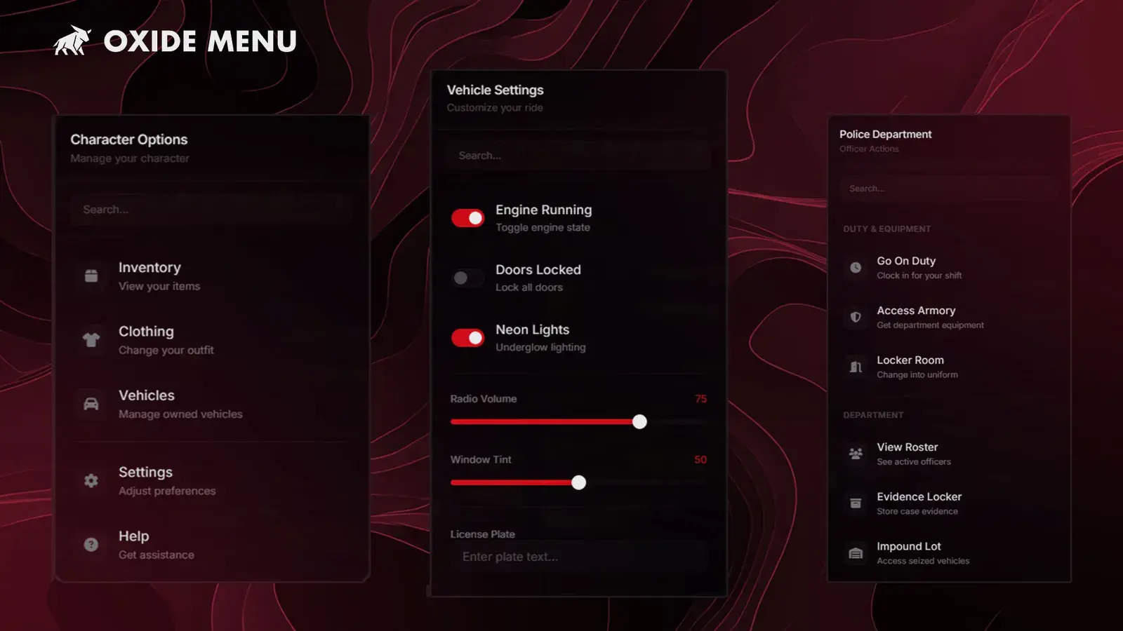 Oxide Menu poster showing three menus side by side: Character Options, Vehicle Settings with toggles, sliders, and a License Plate input, and a Police Department menu with grouped sections, on a dark red topographic background