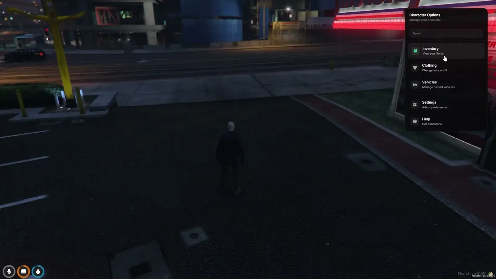 Character Options menu docked at the right edge of a night street scene listing Inventory, Clothing, Vehicles, Settings, and Help