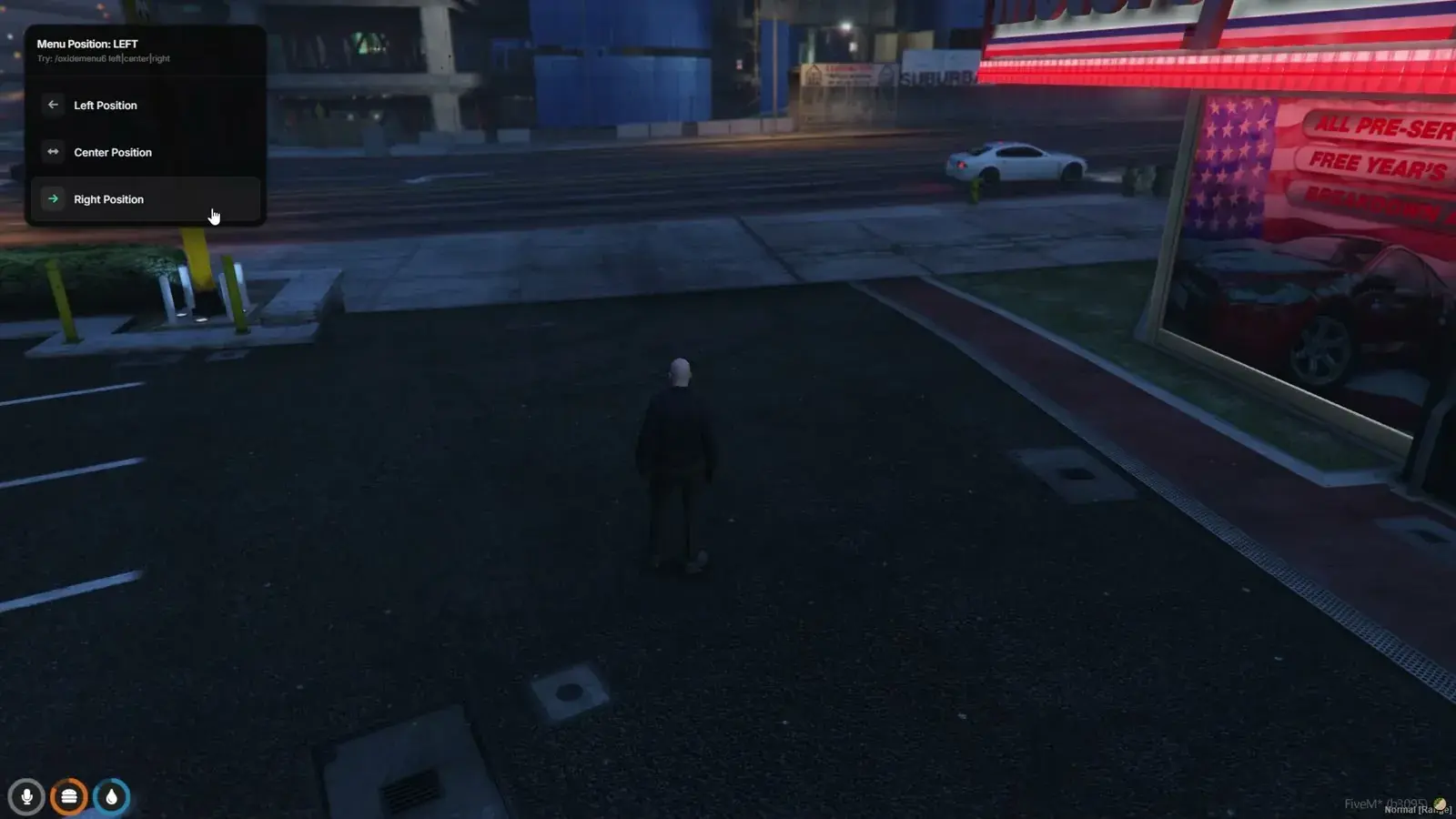 Small Menu Position: LEFT demo panel in the top-left corner of the screen offering Left Position, Center Position, and Right Position, with a player standing in a parking lot
