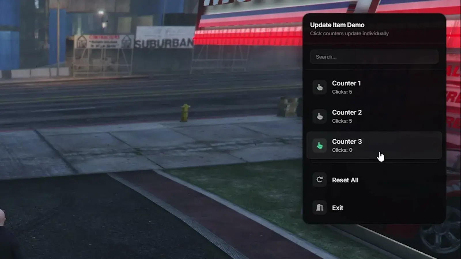 Update Item Demo menu with Counter 1, Counter 2, and Counter 3 rows showing click counts, plus Reset All and Exit items