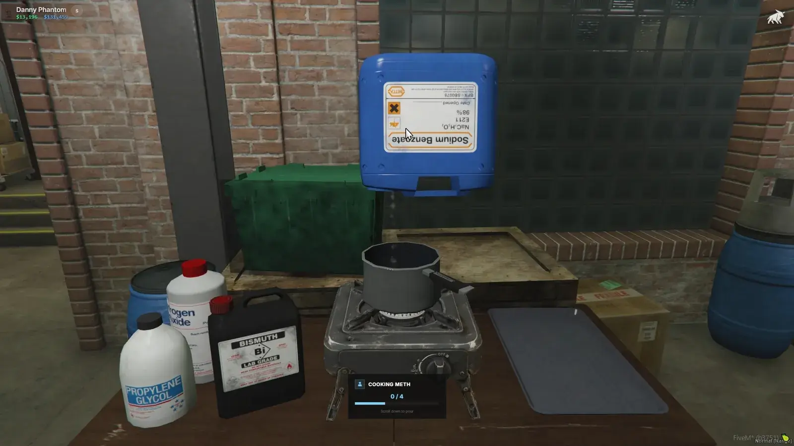 Cook station on a meth table: a pot on a camp stove, a blue sodium benzoate drum tilted over it, hydrogen peroxide and other chemical containers alongside, and a Cooking Meth 0/4 progress panel