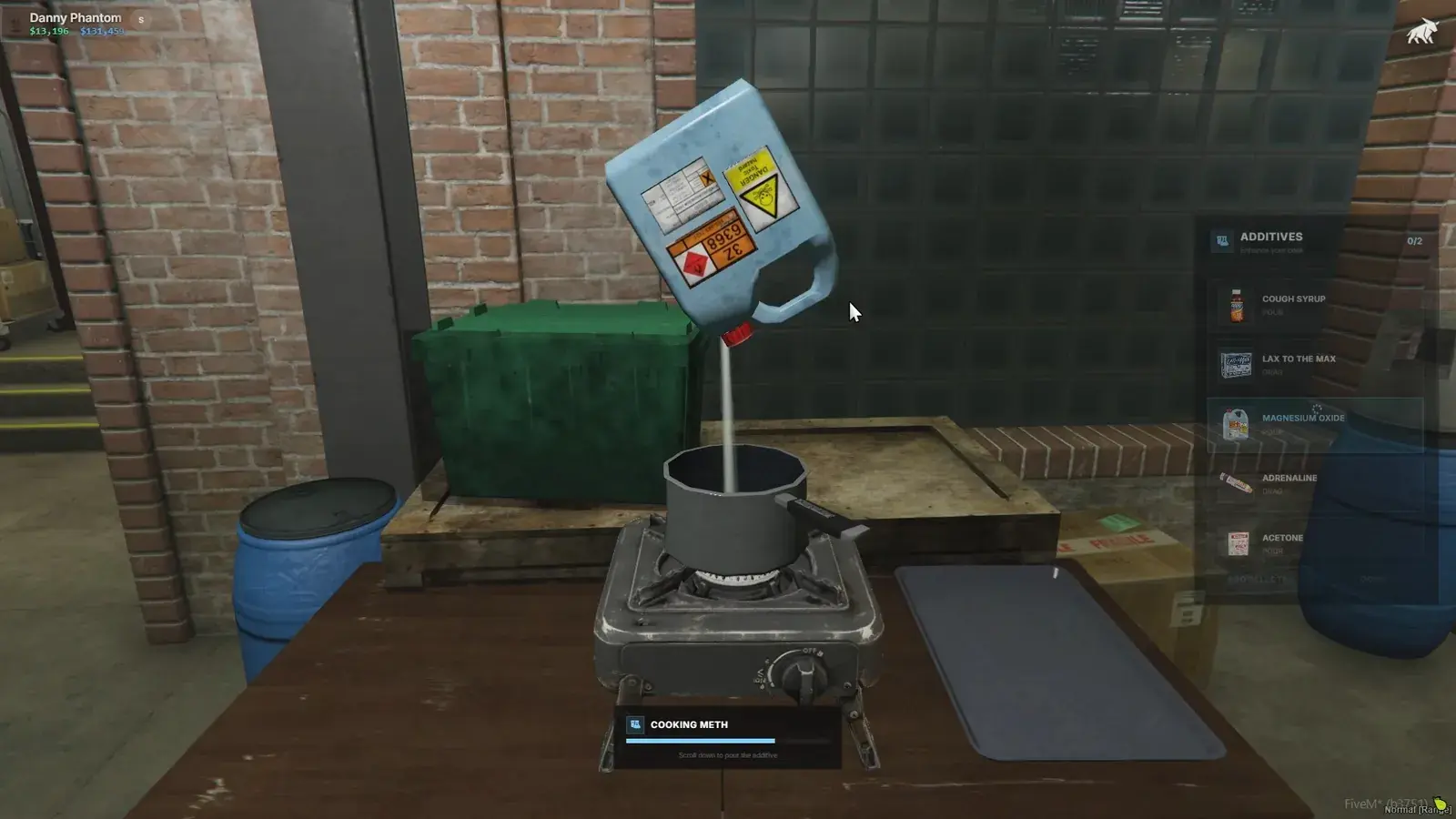 Light-blue hazard-labeled jug pouring an additive into the pot on the camp stove, with an Additives 0/2 side panel listing Cough Syrup, Lax to the Max, Magnesium Oxide, Adrenaline, and Acetone