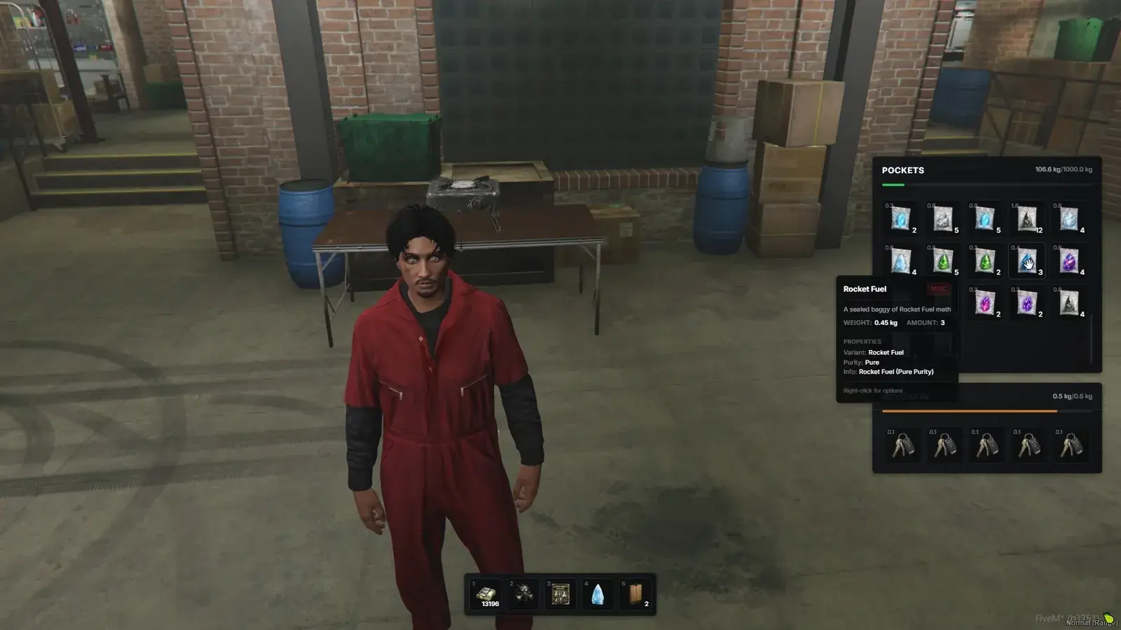 Player in red coveralls in a warehouse beside an inventory Pockets panel of bagged meth, with a Rocket Fuel tooltip reading Variant Rocket Fuel, Purity Pure