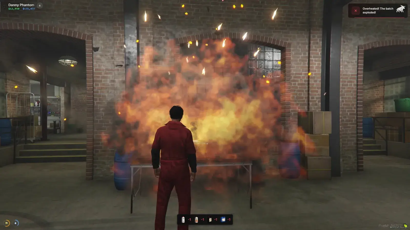 Fireball erupting over the meth table in a brick warehouse with the player standing in front and an Overheated, the batch exploded notification in the corner