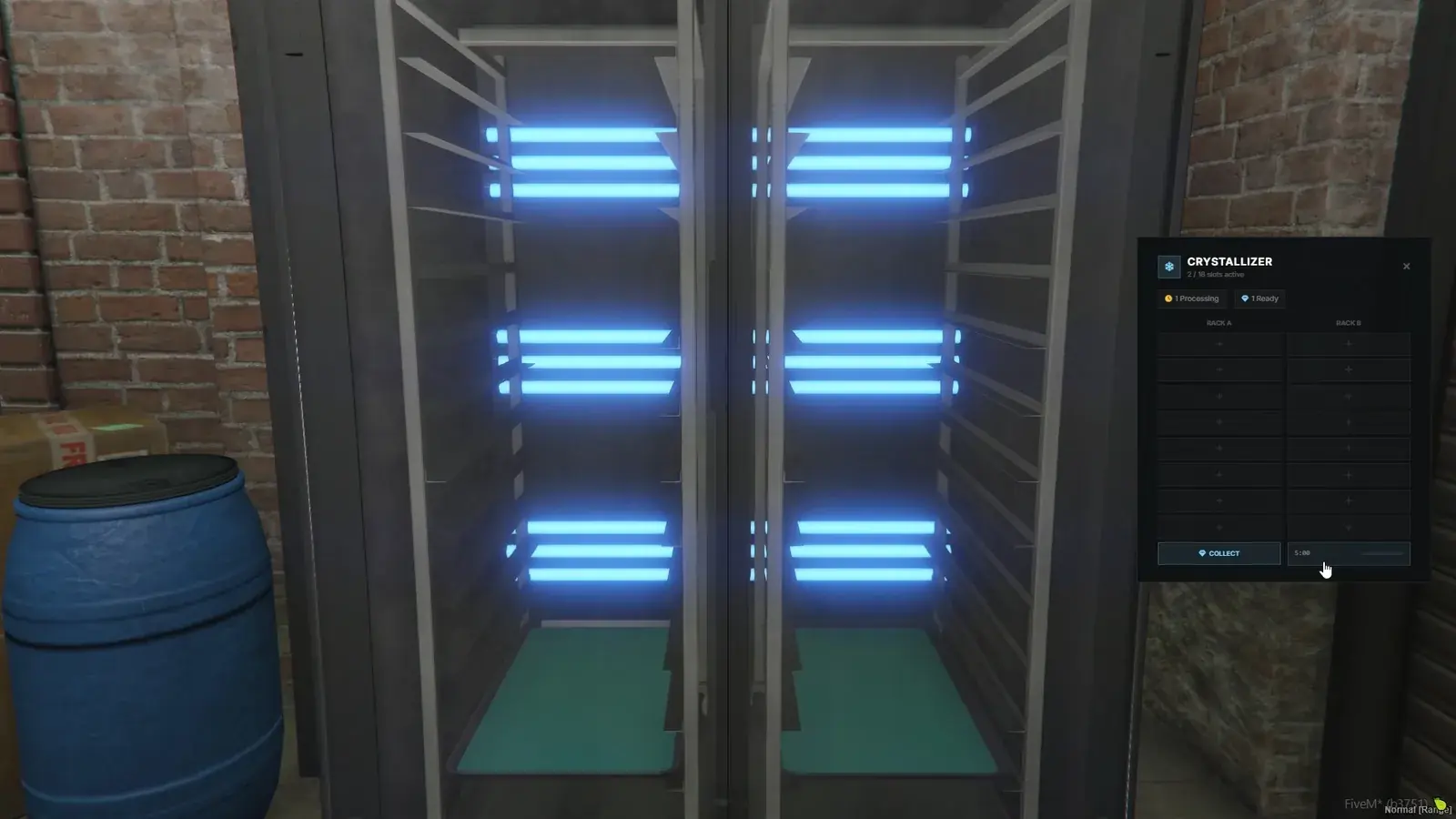 Two-door crystallizer cabinet with glowing blue UV tubes on three shelves, beside a Crystallizer panel showing 2 of 18 slots active, Rack A and Rack B slot grids, a Collect button, and a 5:00 timer
