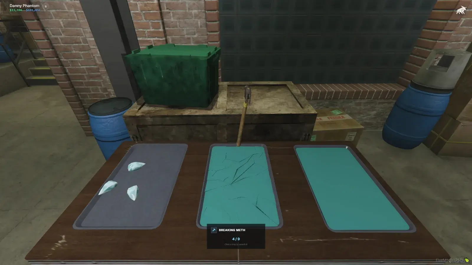 Three crystallized trays on the meth table: the left tray holds loose crystal shards, the middle is cracked under a hammer, the right is intact, with a Breaking Meth 4/9 progress panel