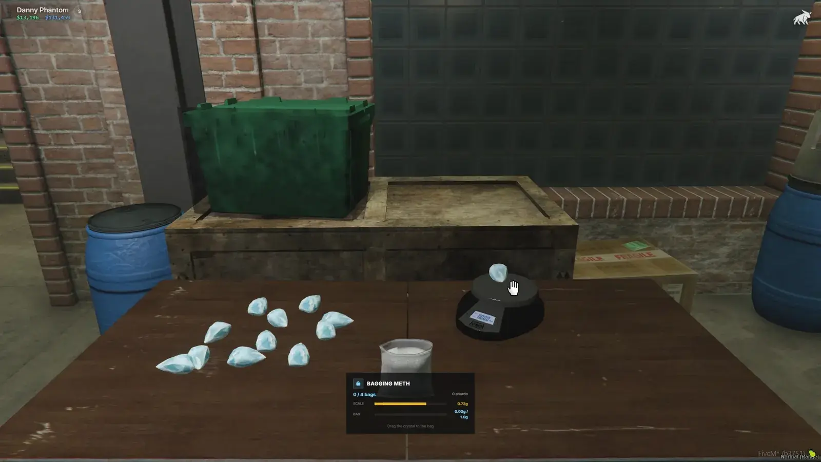 Bagging table with loose crystal shards, an open baggy, and a digital scale holding one shard, with a Bagging Meth panel showing 0 of 4 bags, a 0.72g scale reading, and a 1.0g bag target