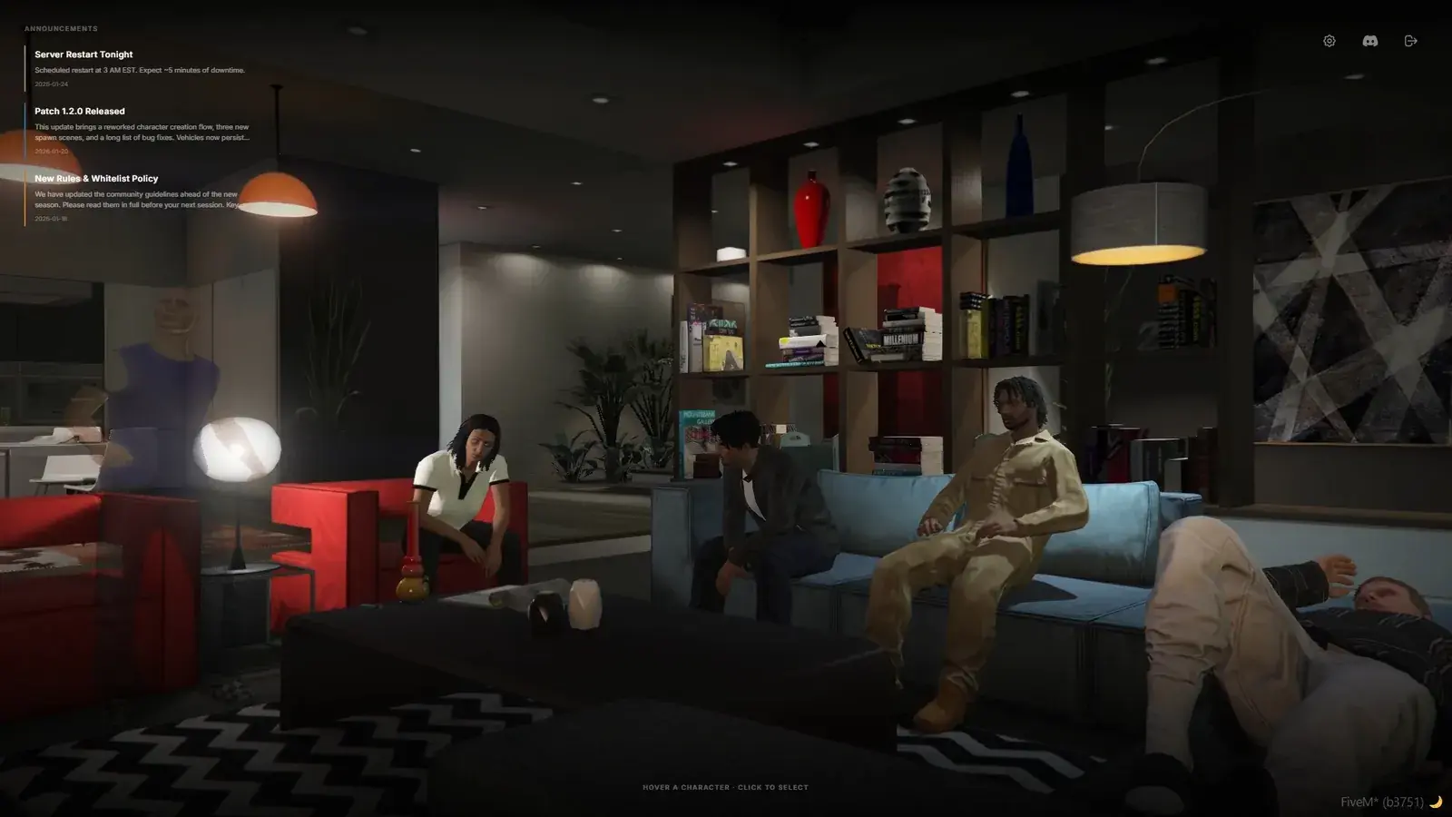 Character selection in the Apartment scene at night with four characters seated around a living room, a translucent create-character figure at the left, and an announcements panel in the top-left corner