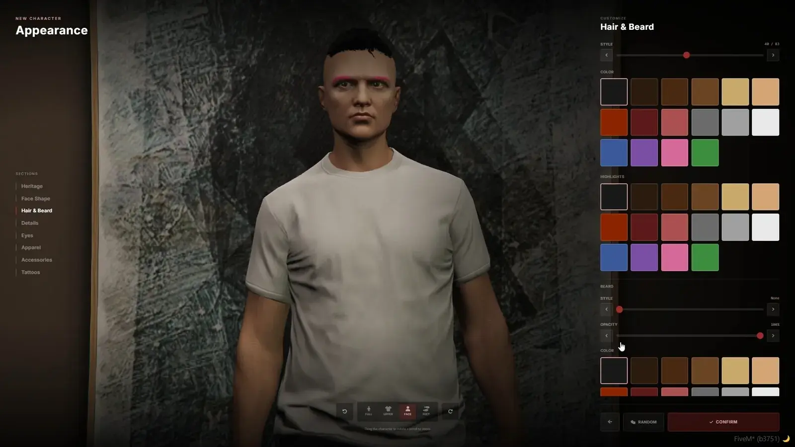 Appearance editor on the Hair & Beard section with a style slider, hair color and highlight swatches, beard controls, and Full, Upper, Face, and Feet camera buttons under the preview character