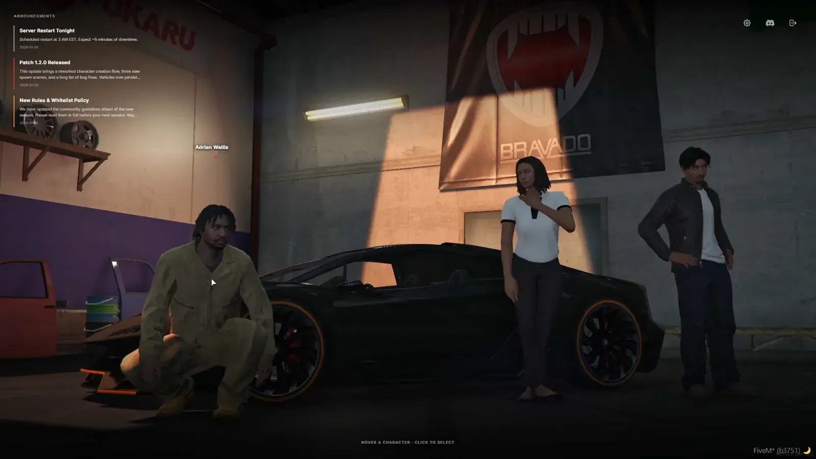 Character selection in the Garage scene with three characters around a dark sports car beneath a Bravado banner, the hovered character's name shown above him