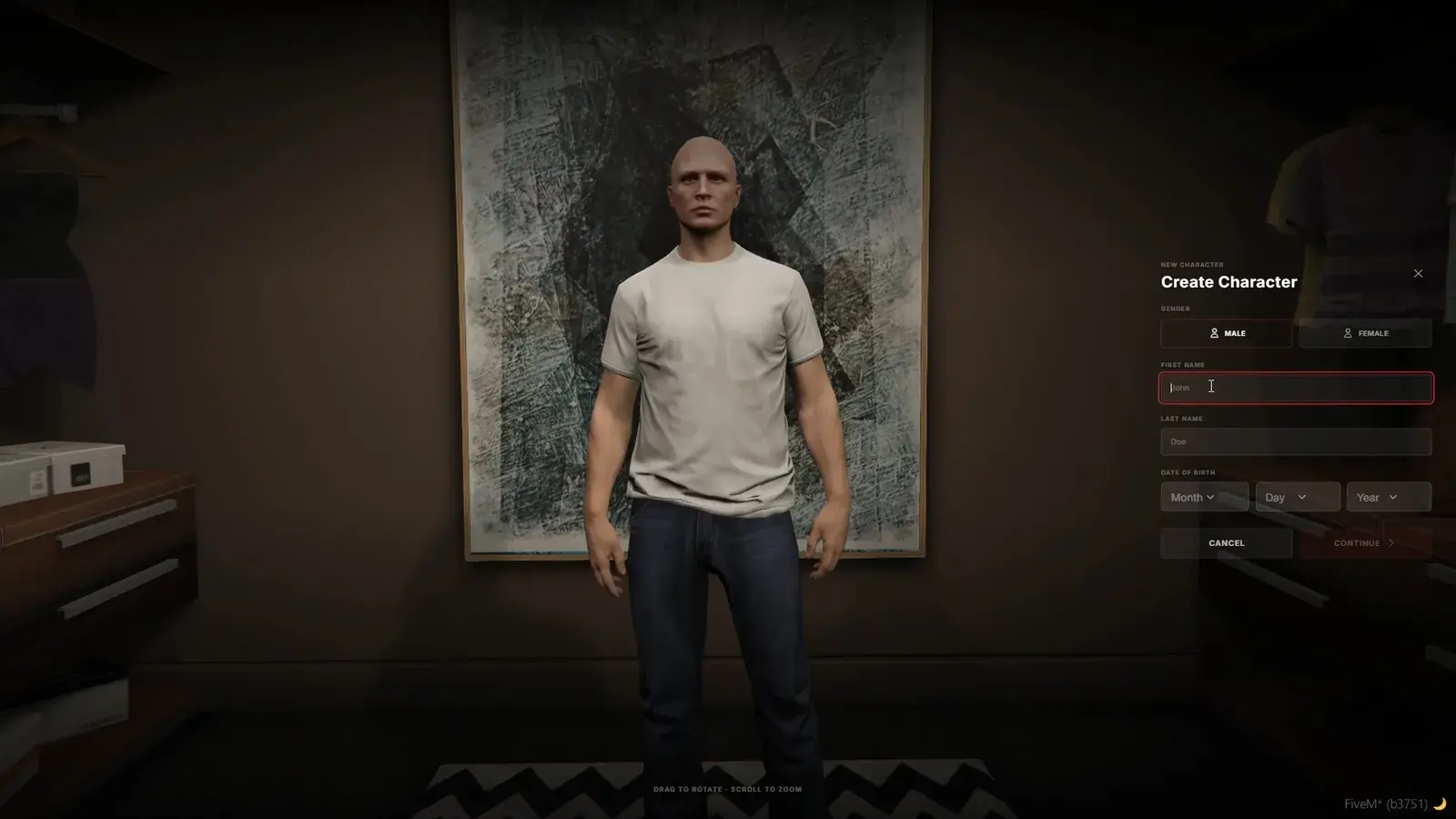 Create Character form with Male and Female buttons, first and last name fields, and date of birth dropdowns beside a preview character in a white T-shirt and jeans