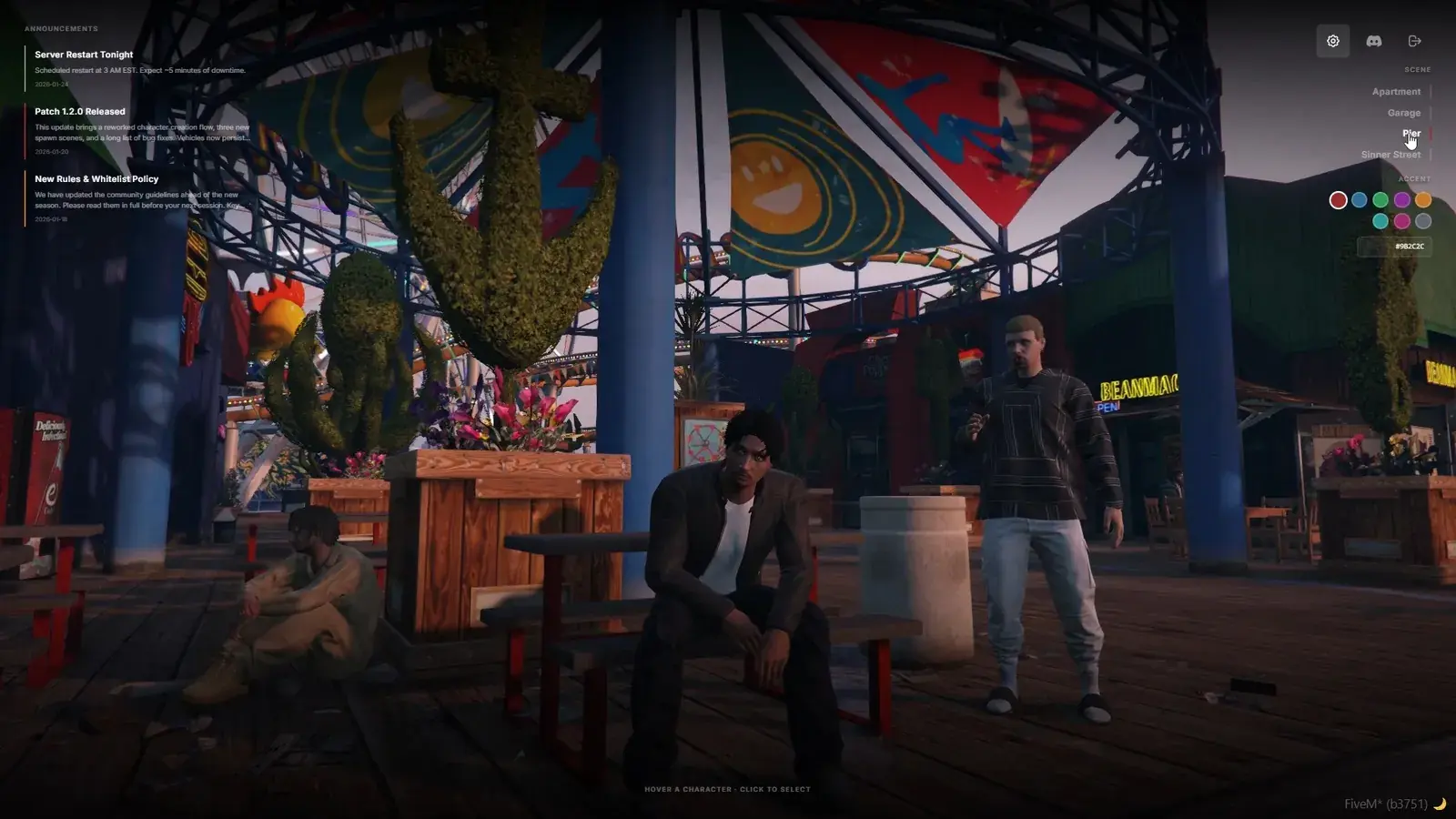 Oxide Multicharacter selection screen set on an amusement pier with three characters, an announcements panel at left, and a scene list and accent color swatches at top right