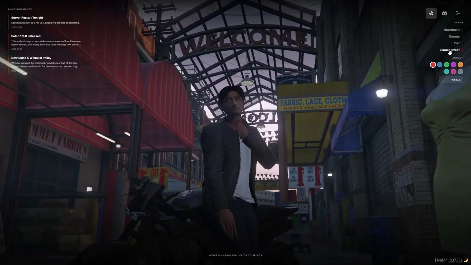 Character selection in the Sinner Street scene with one character standing beside a motorcycle under a Welcome sign, an announcements panel at left, and the scene list and accent swatches at top right