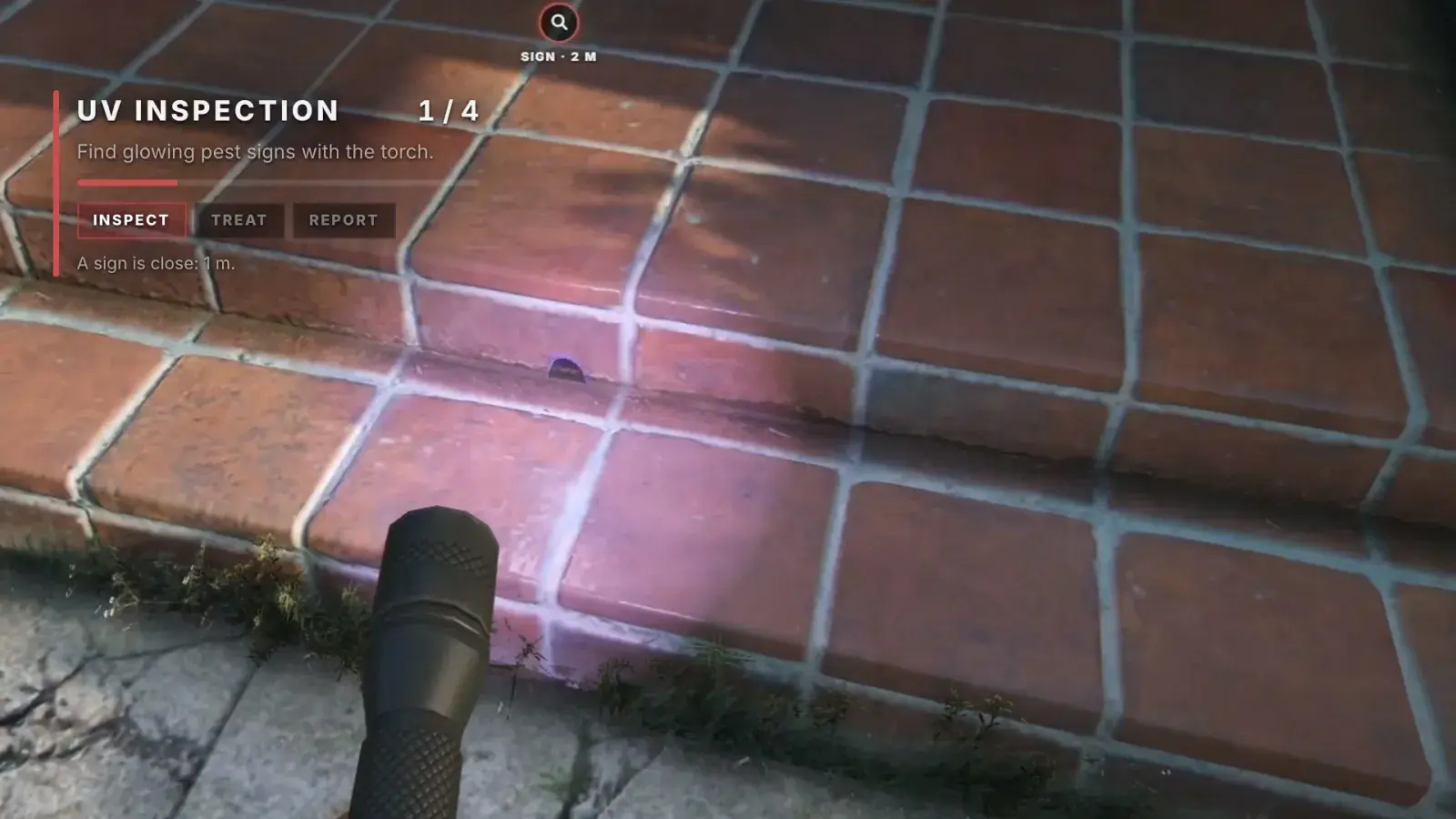 A first-person UV torch over red porch tiles, a gnaw hole glowing violet in the step riser, with the UV Inspection card at 1 / 4