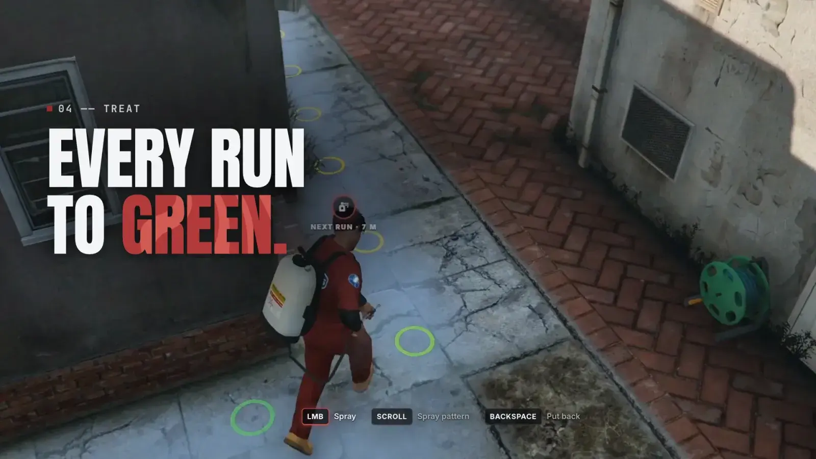 A technician in a red Bugstars jumpsuit with a backpack sprayer walks a foundation line of amber and green rings, under "Every run to green"