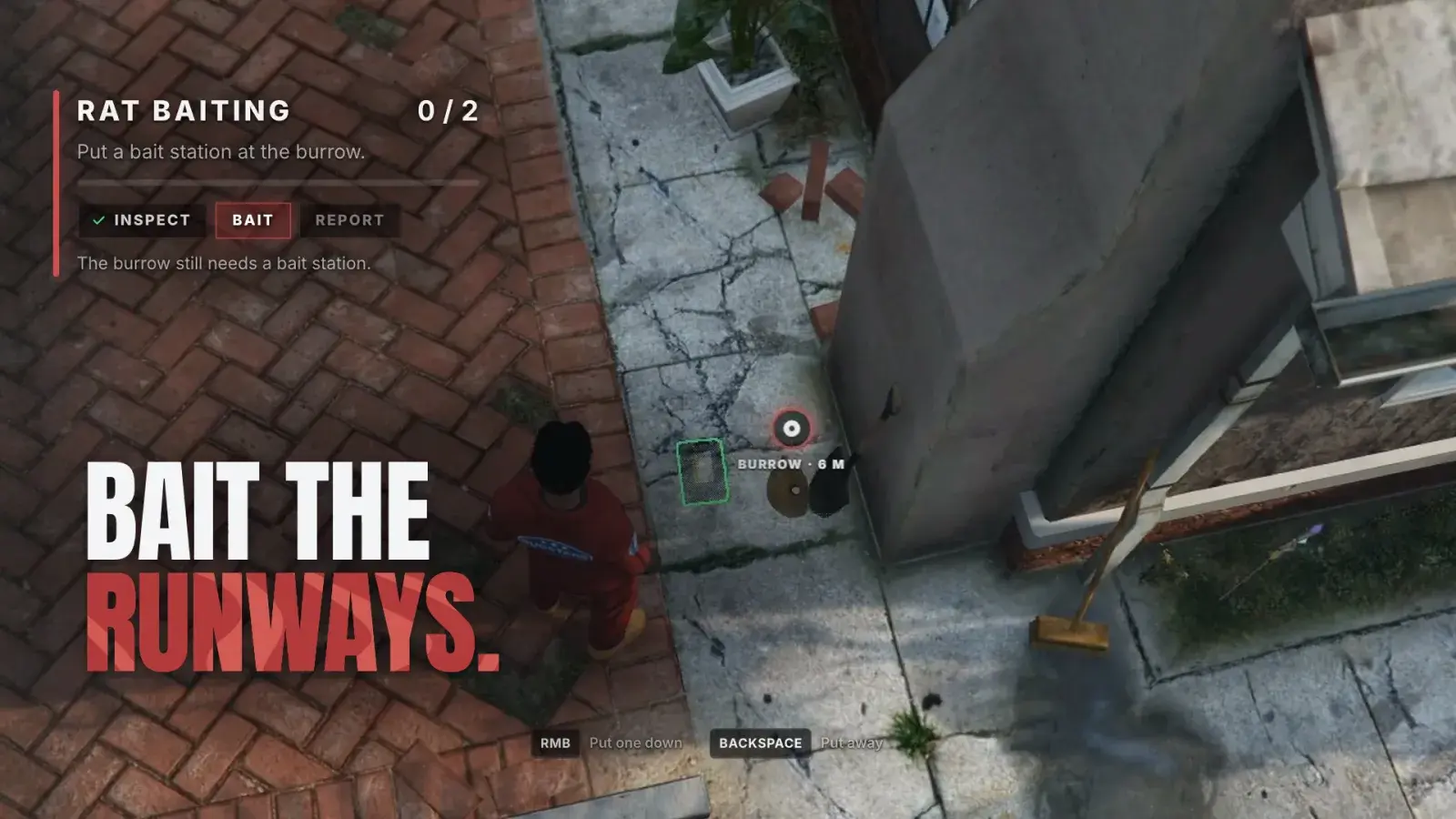 A technician by a pillar, the green bait station preview set beside the burrow marker, under "Bait the runways" and the Rat Baiting card