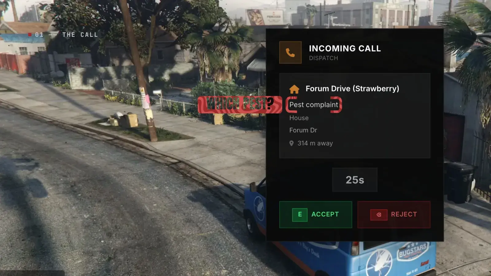 The Incoming Call card from Dispatch for Forum Drive (Strawberry), with a Which Pest? tag on "Pest complaint" and the countdown at 25 s