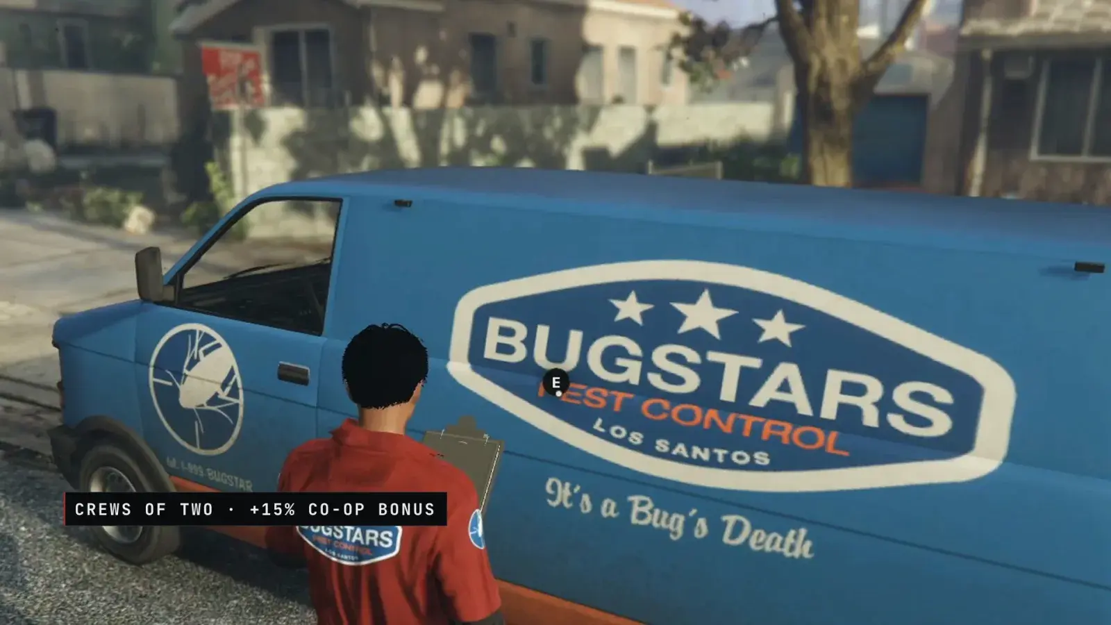 A technician in a red Bugstars jumpsuit with a clipboard beside the blue Bugstars van, with a "Crews of two, +15% co-op bonus" label