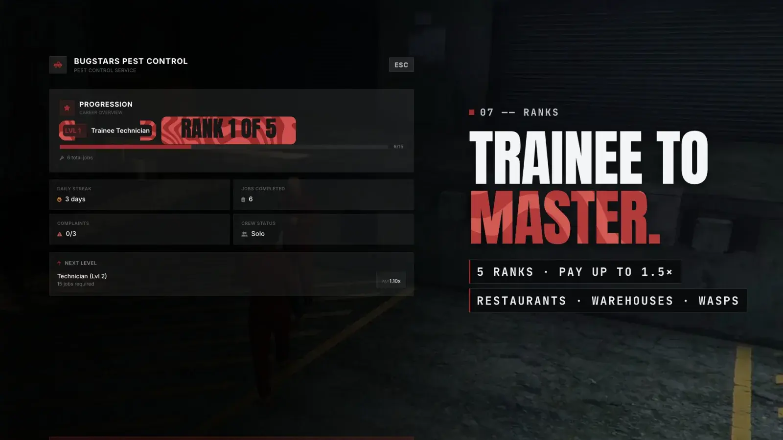 The Bugstars shift menu's progression card at Level 1 Trainee Technician with a Rank 1 of 5 tag, beside "Trainee to master"