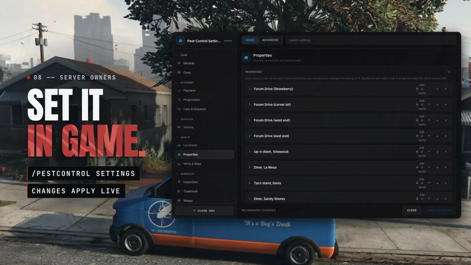 The Pest Control settings editor open on Properties over the Bugstars van, beside "Set it in game" and two console labels