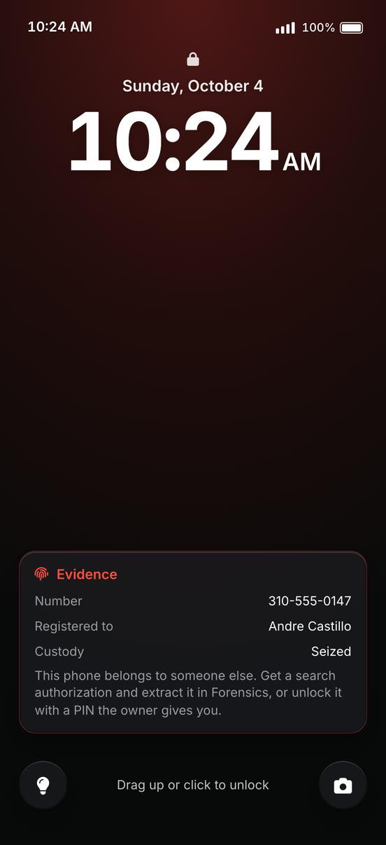 A seized phone's lock screen showing an Evidence card with its number, owner and custody status