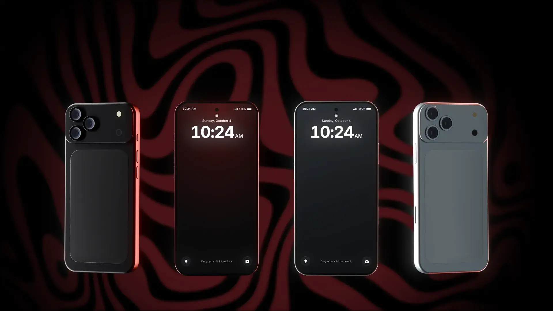 Four Oxide Phones side by side in Black, Burgundy, Silver and Glacier in front of red liquid waves