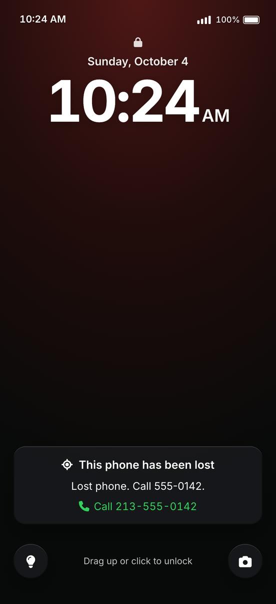 The lost phone's lock screen: This phone has been lost, with a message and a number to call