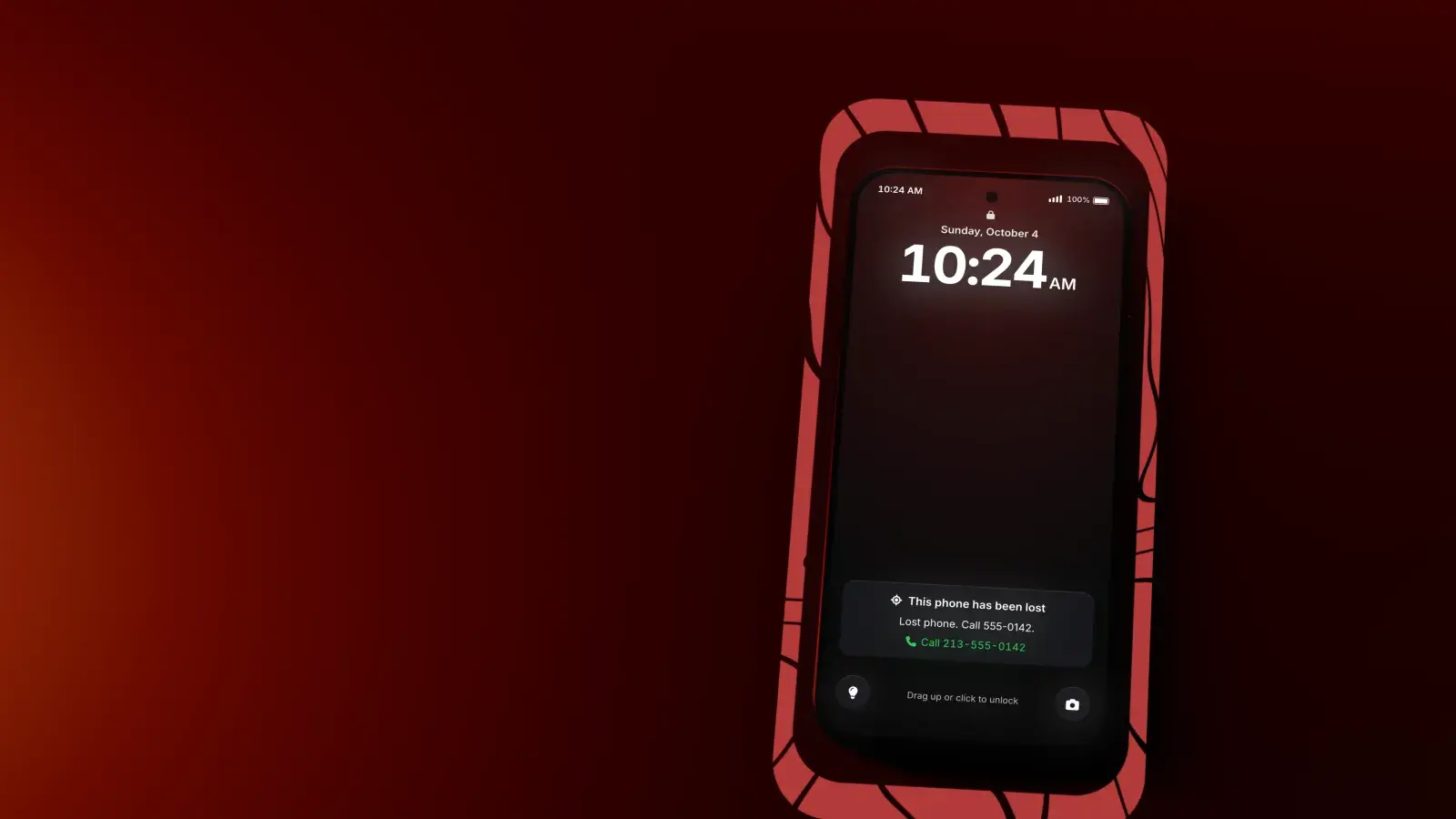 An Oxide Phone lying on a dark floor under red light, its lock screen showing a Lost Lock message