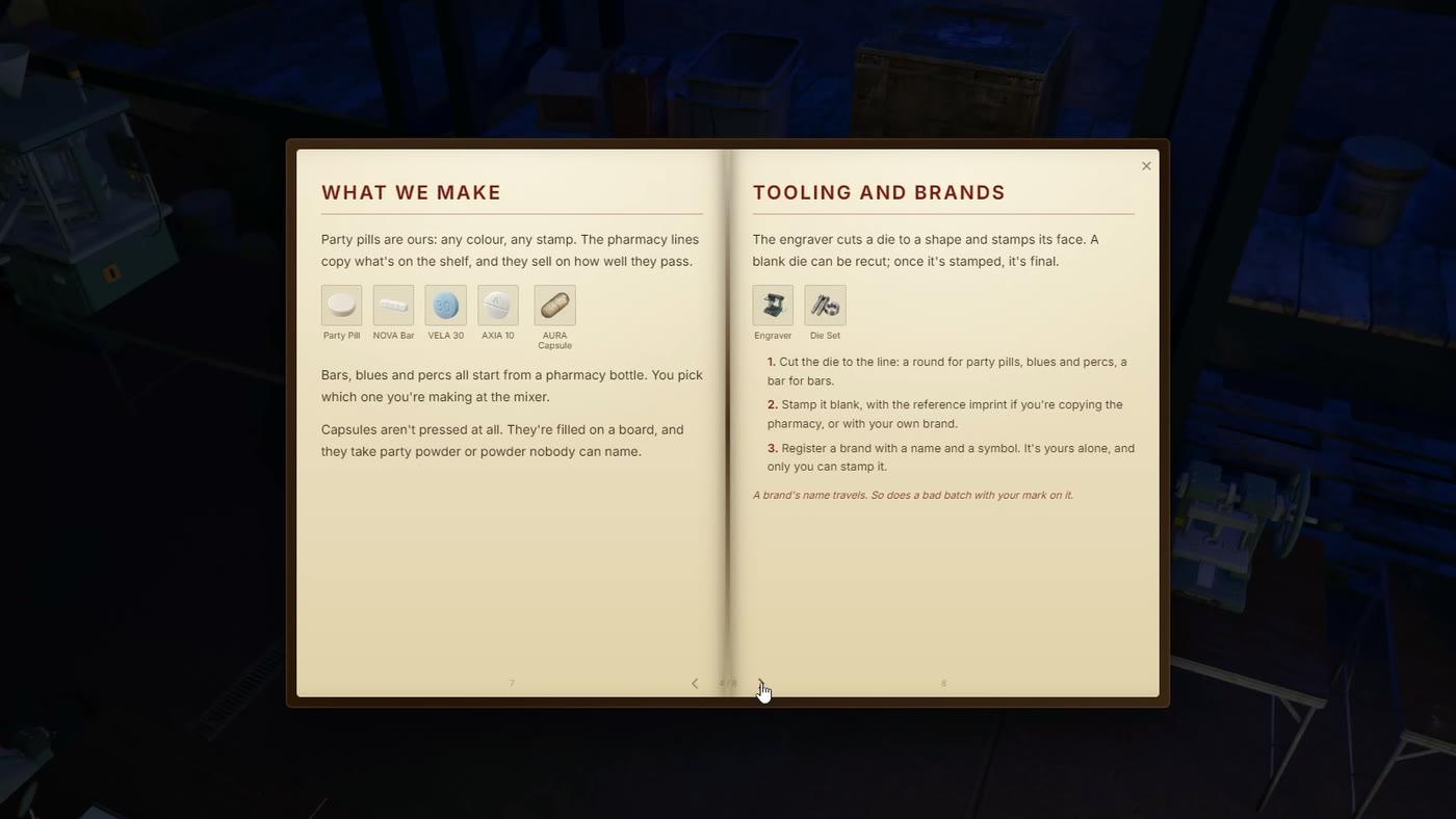 The in-character Pressing Manual open to the pages on product lines and tooling