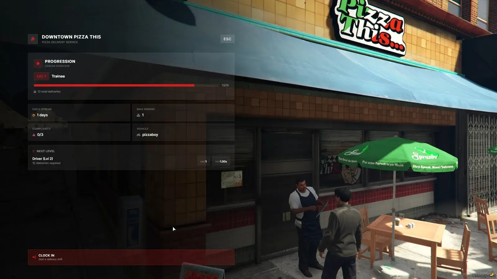 Downtown Pizza This shift menu showing a level 1 Trainee progression card with a deliveries bar, daily streak, max orders, complaints, vehicle, next level Driver, and a Clock In button, with the counter NPC behind