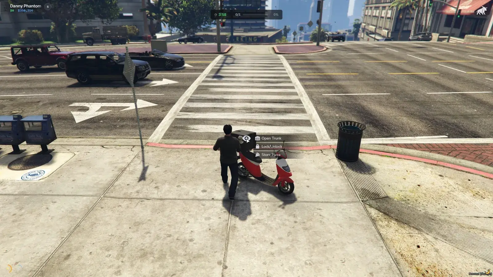 Player holding a pizza box beside a red delivery scooter at a crosswalk, with a target menu offering Open Trunk, Lock/Unlock, and Store Pizza