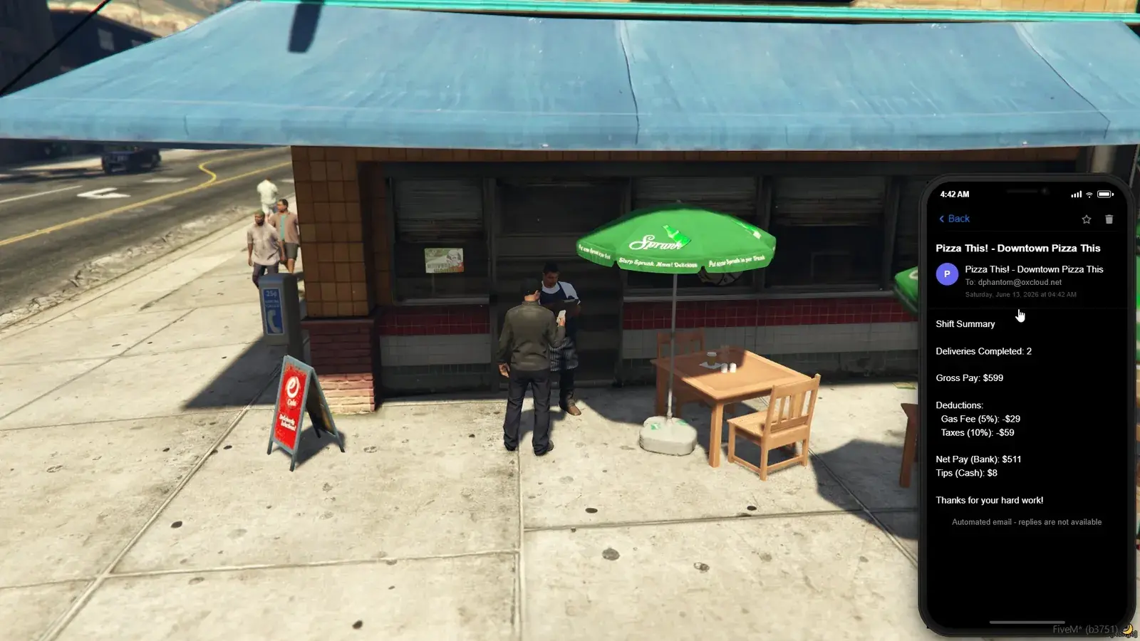 Pizza This storefront with a phone email overlay titled Shift Summary listing deliveries completed, gross pay, gas fee and tax deductions, net pay to bank, and tips in cash