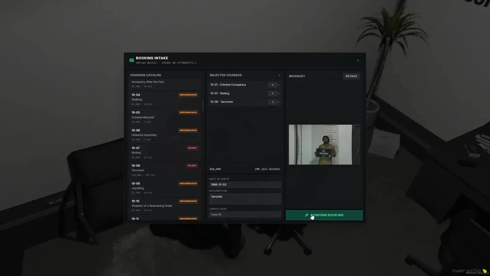 Booking intake screen with a charges catalog, selected charges, a captured mugshot, and a confirm-booking button