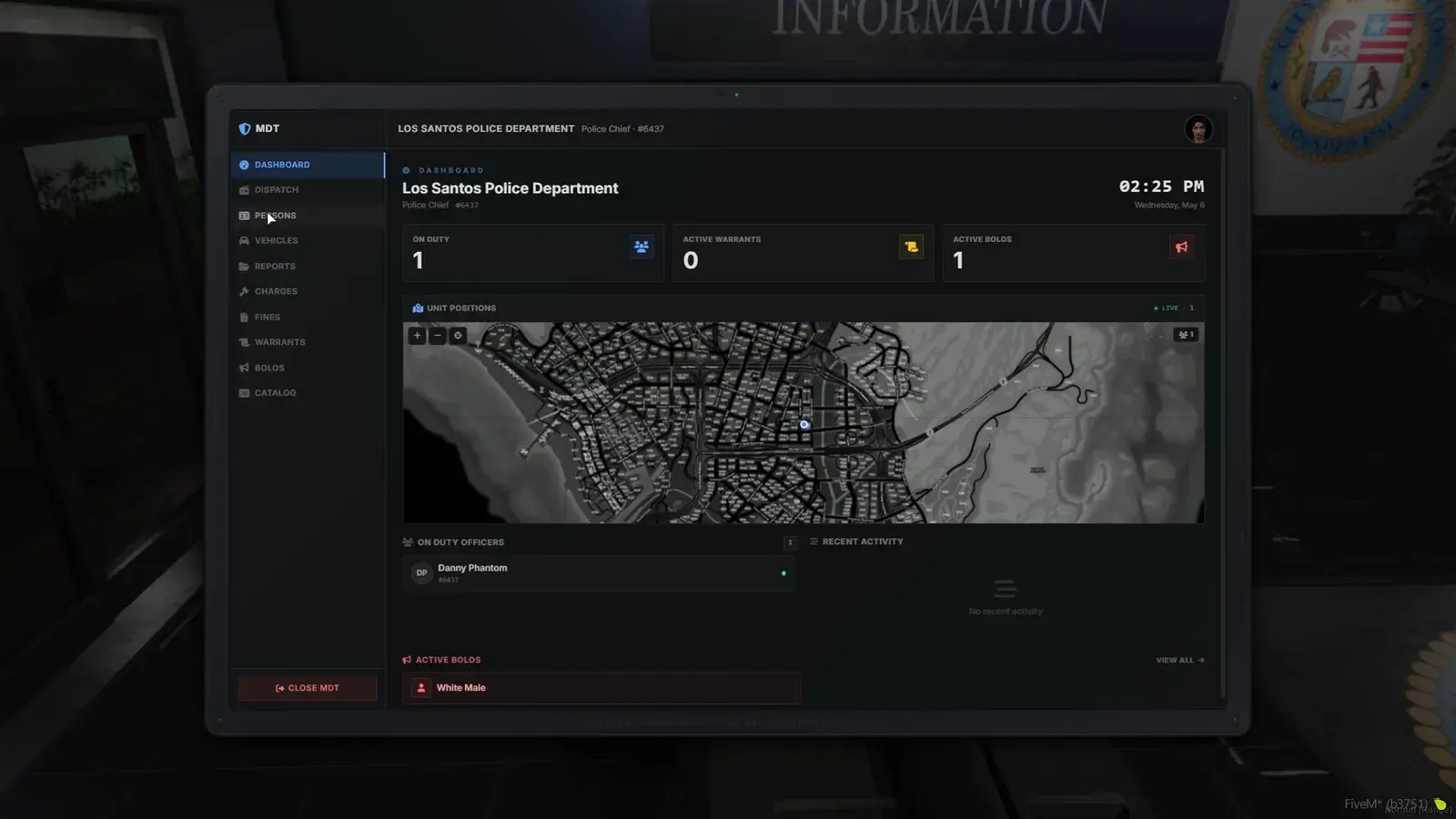 Oxide Police MDT dashboard for the Los Santos Police Department showing on-duty count, active warrants, active BOLOs, and a live unit-positions map
