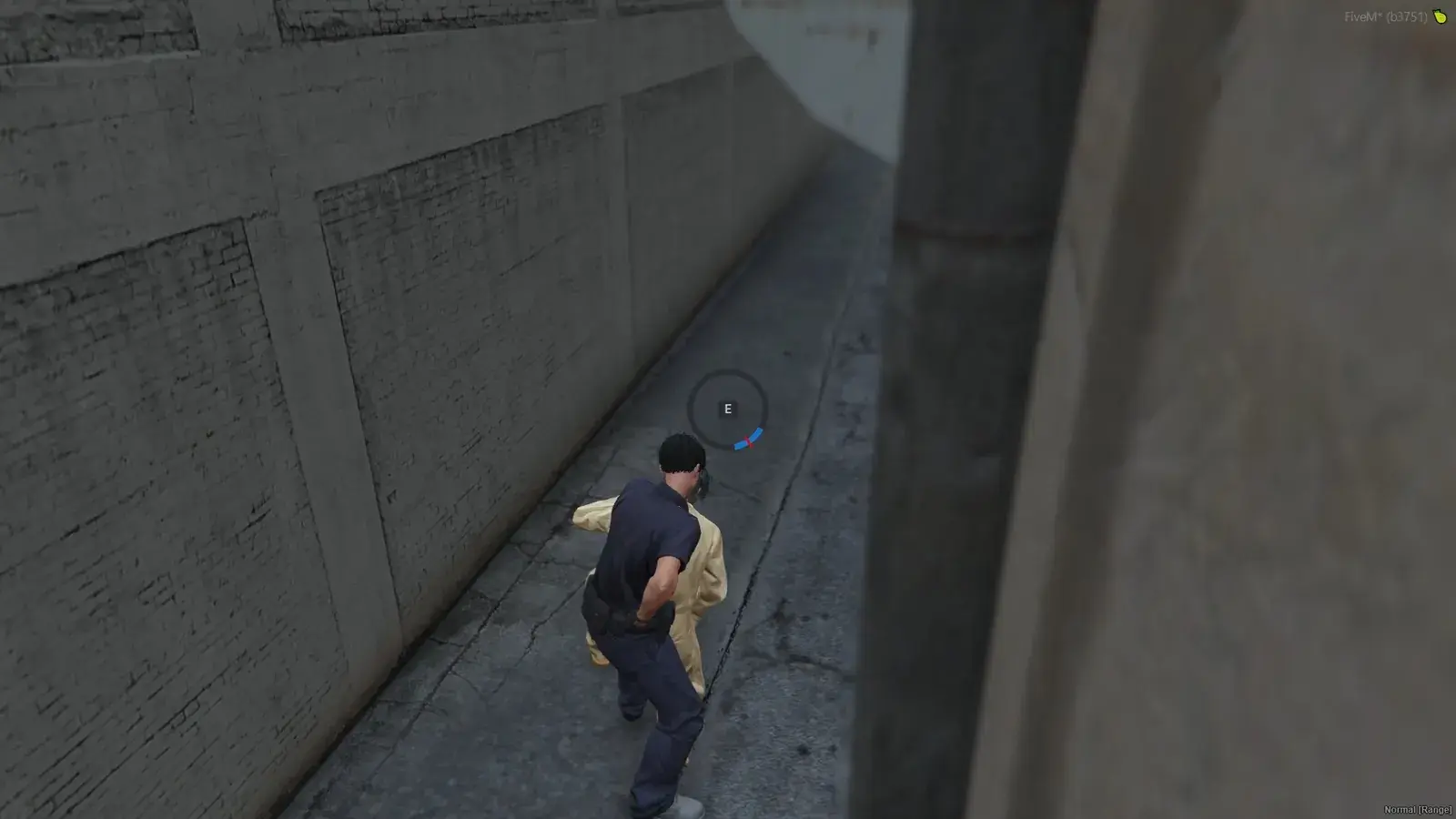 Officer escorting a cuffed suspect down an alley with an interaction prompt