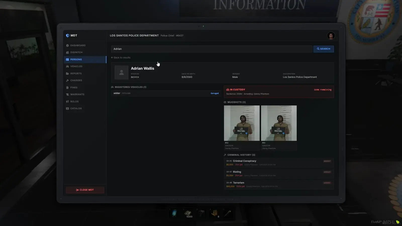 MDT Persons tab showing a citizen profile with registered vehicles, an in-custody banner, two mugshots, and a criminal history