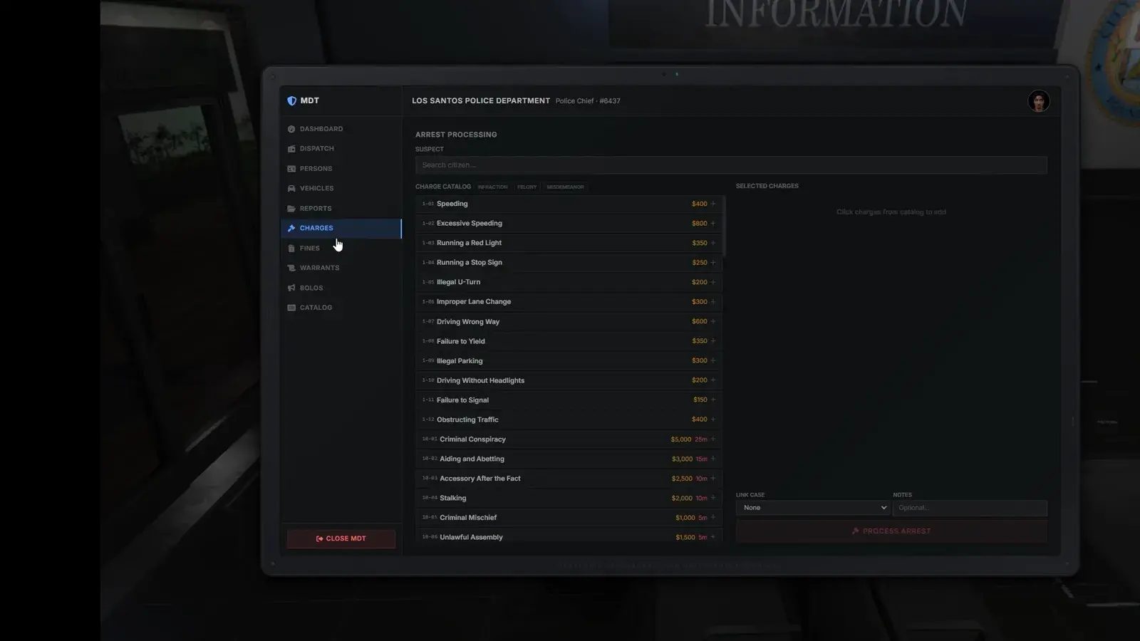 MDT Charges tab during arrest processing, listing the charge catalog with fine amounts beside the selected charges