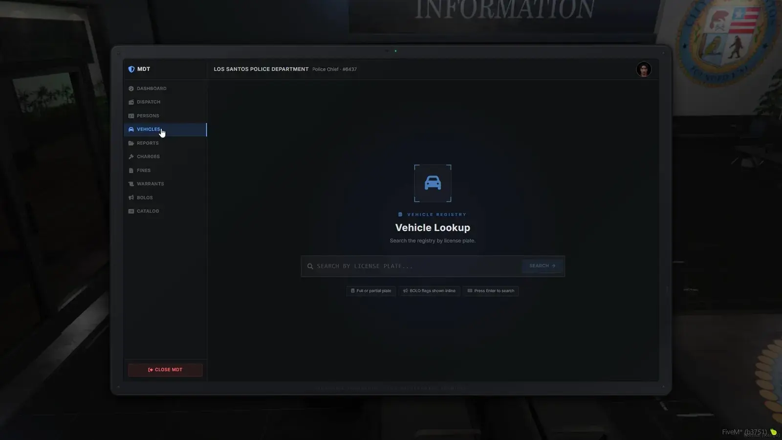 MDT Vehicles tab with a plate search box for the vehicle registry