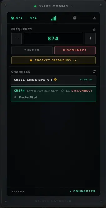 Handheld radio panel tuned to frequency 874 with a channel list and an encrypt-frequency option