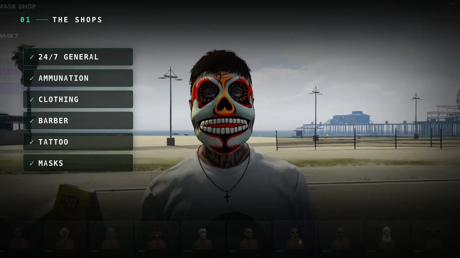 Player wearing a sugar-skull mask at a beachfront mask stand with a row of mask thumbnails along the bottom of the mask shop menu