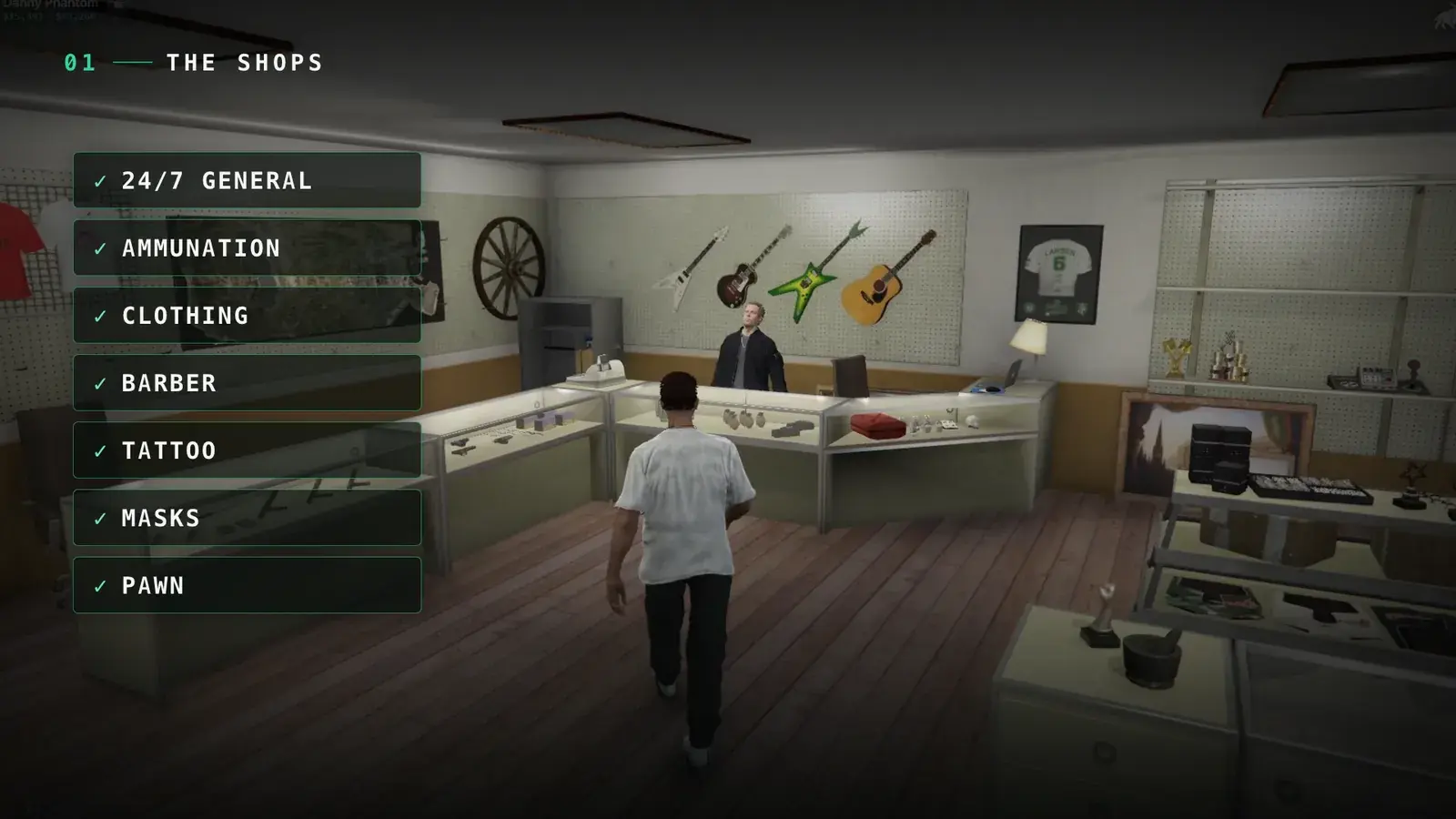 Player walking toward a pawn shop counter with guitars on the wall, glass display cases, and a shopkeeper behind the register