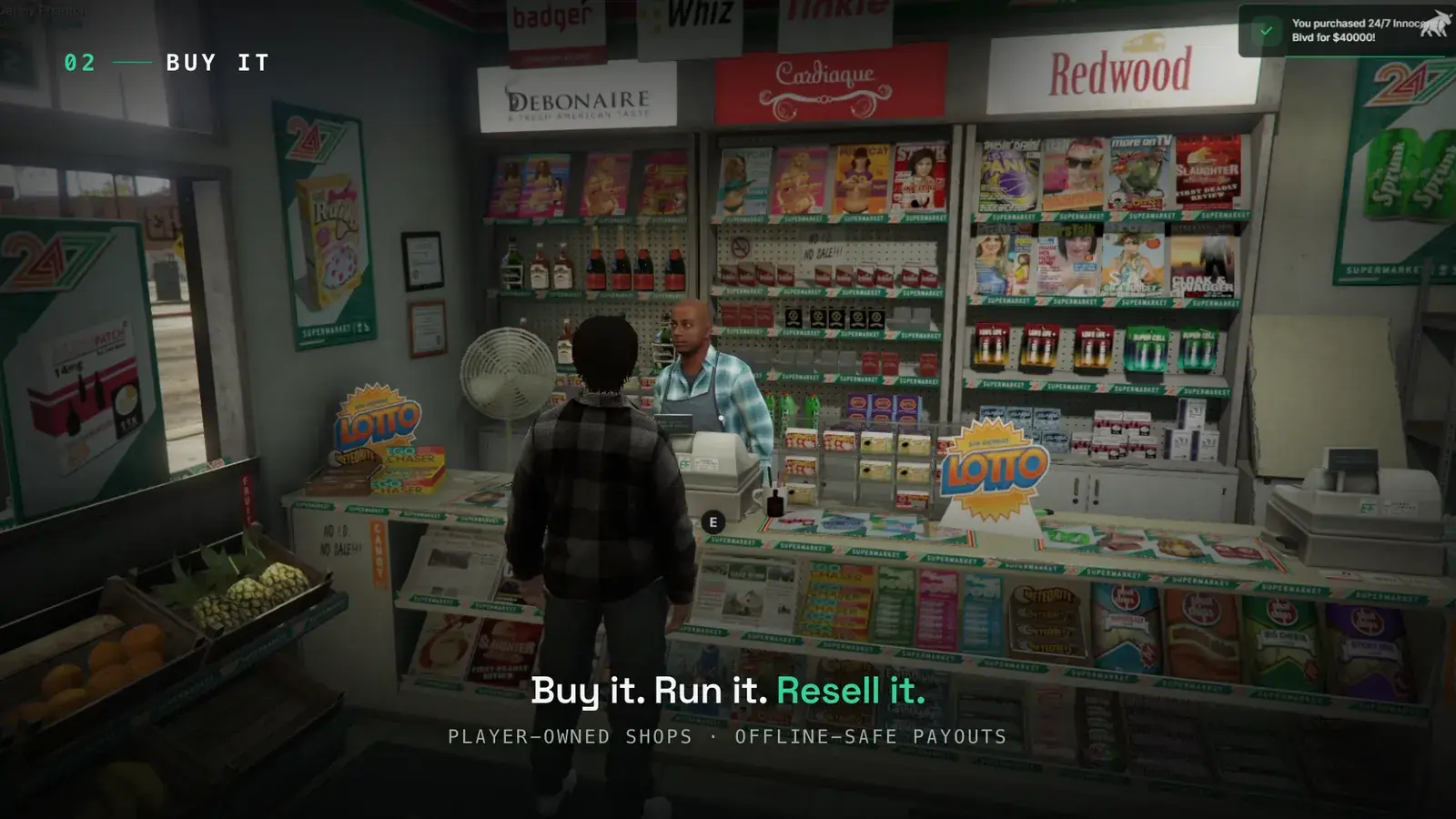 Customer at a 24/7 counter facing the shopkeeper behind the register, with a confirmation toast that they purchased the 24/7 Innocence Blvd store