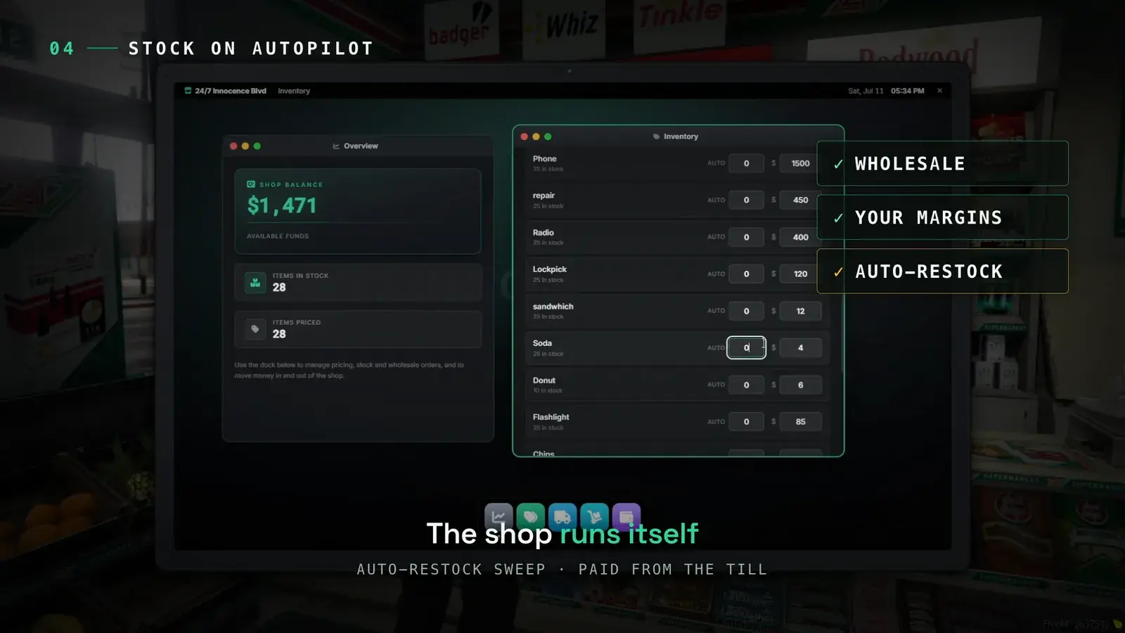 Owner management desktop showing an Overview window with shop balance, items in stock, and items priced beside an Inventory window listing items with auto-restock targets and retail prices